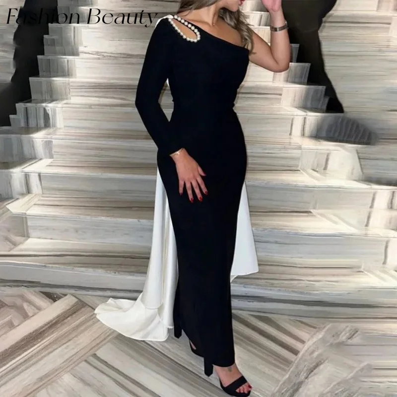 

Fashion Beauty Black Evening Dresses One Shoulder Cut-Out Pearls Elegant Saudi Party Gown For Women 2024 vestidos de gala