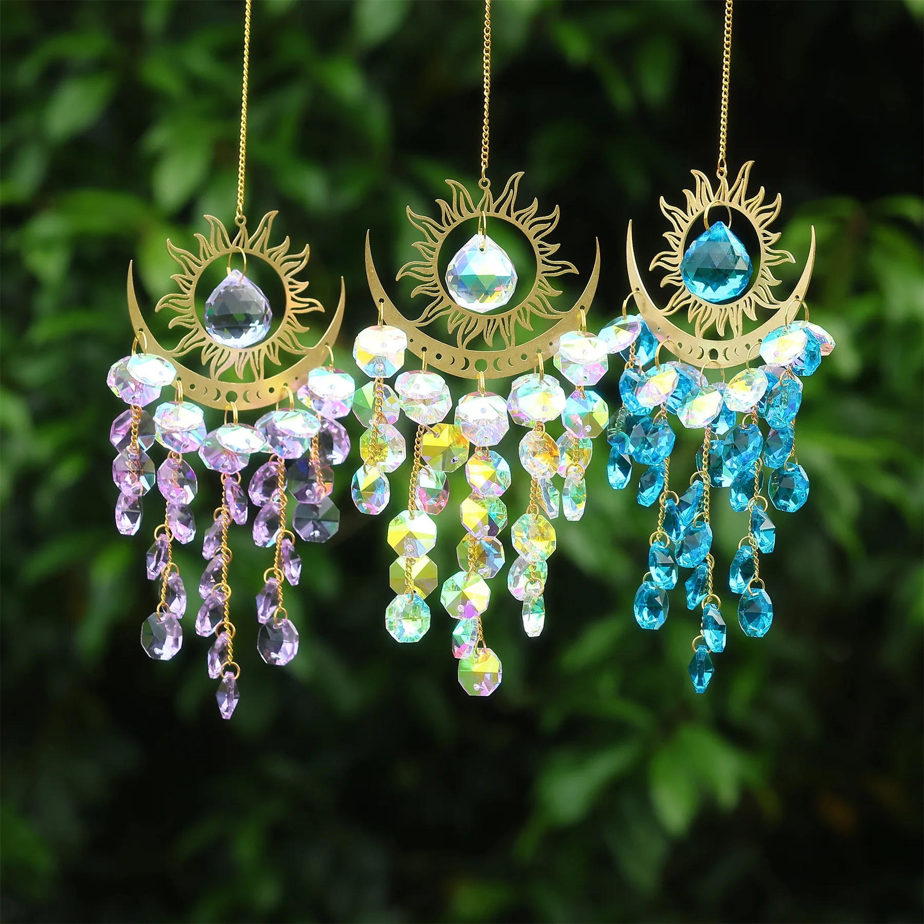 Sun and Moon Suncatcher - Large Crystal Wind Chimes for Outside Stained Glass Window Hanging Prisms Garden Ceiling Room Decor