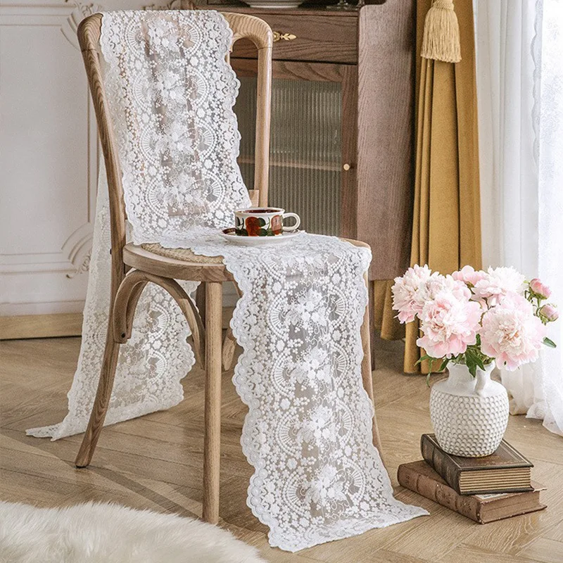 White Lace Table Runner Floral Embroidered Tables Lace Doilies Dressers End Tables for Wedding Decorations Tea Party Baby Shower