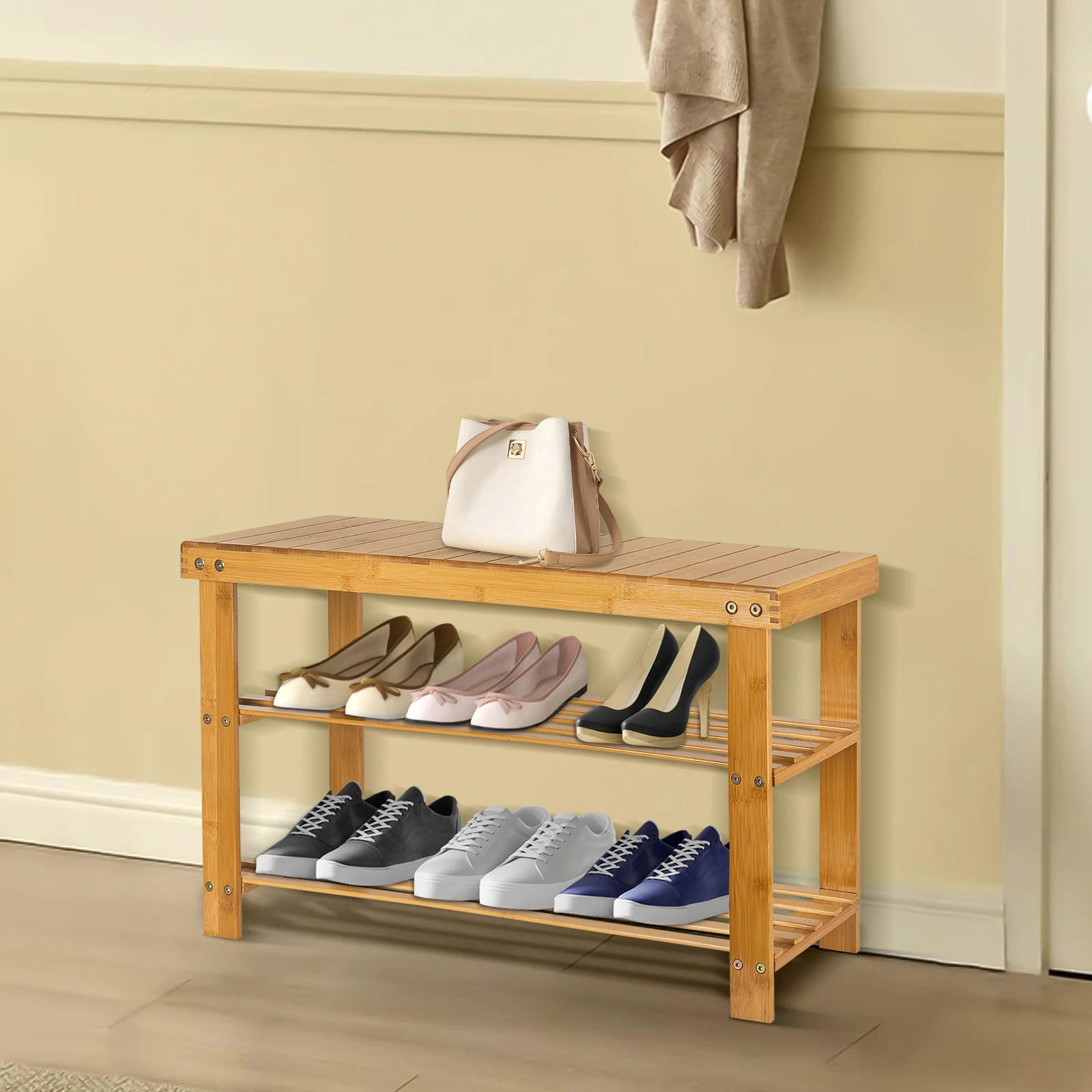 Schuhwechselbank 70*27*42cm, 3-lagiges Schuhregal, tragend 120 kg – Detail 2