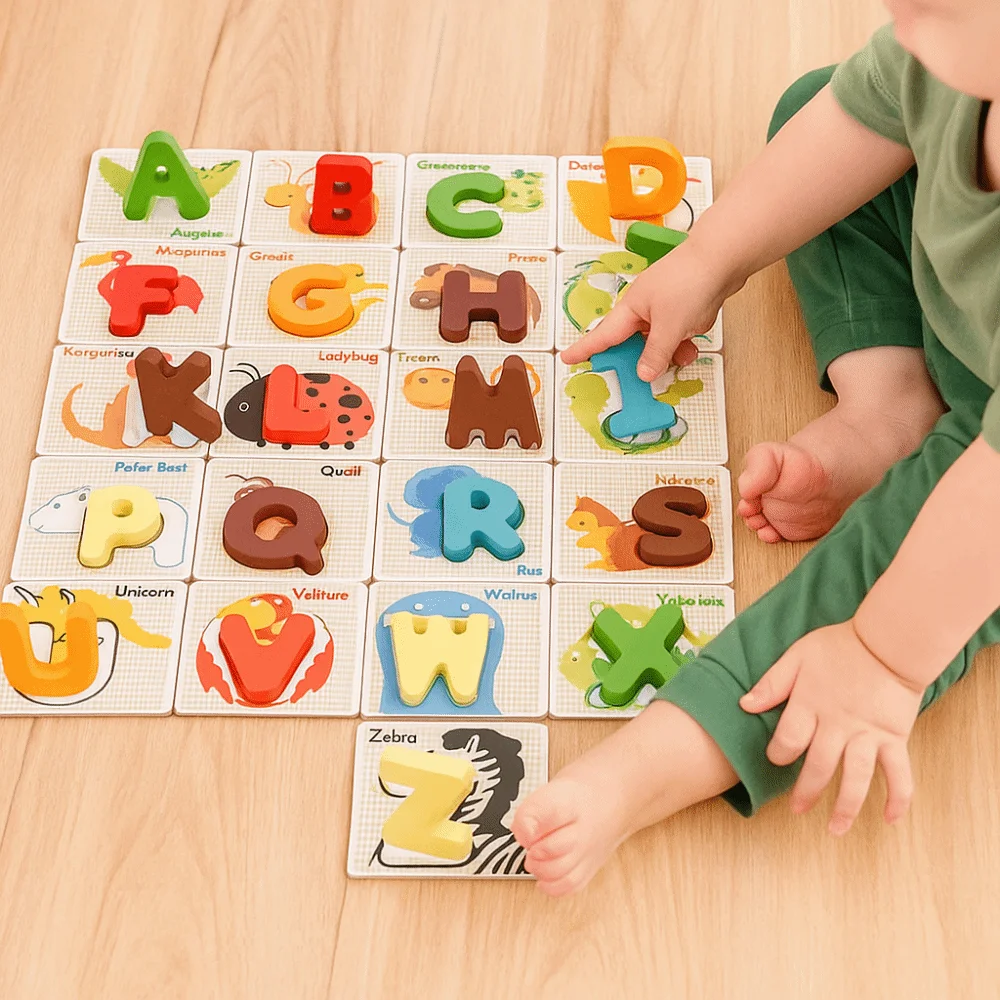 26 lettere inglesi Lettera in legno colorata Flashcard Pratica di ortografia su due lati Puzzle con alfabeto inglese Puzzle di gioco