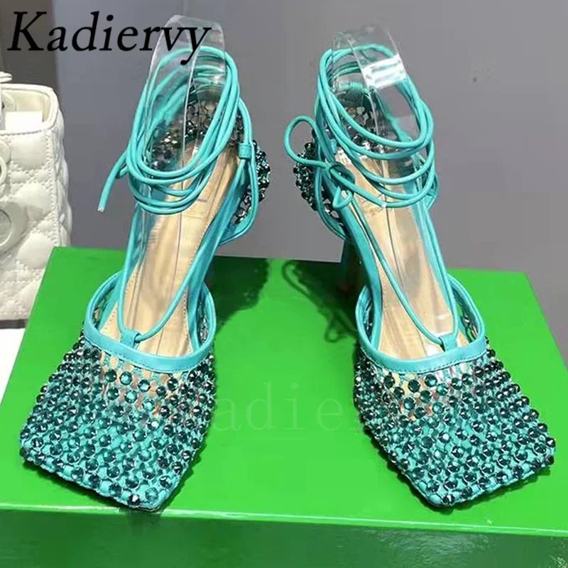 Summer Women Pumps Mesh Rhinestone High Heels Party Shoes Women Square Toe Ankle Strap Thin Heels Shoes For Women Size 35-43