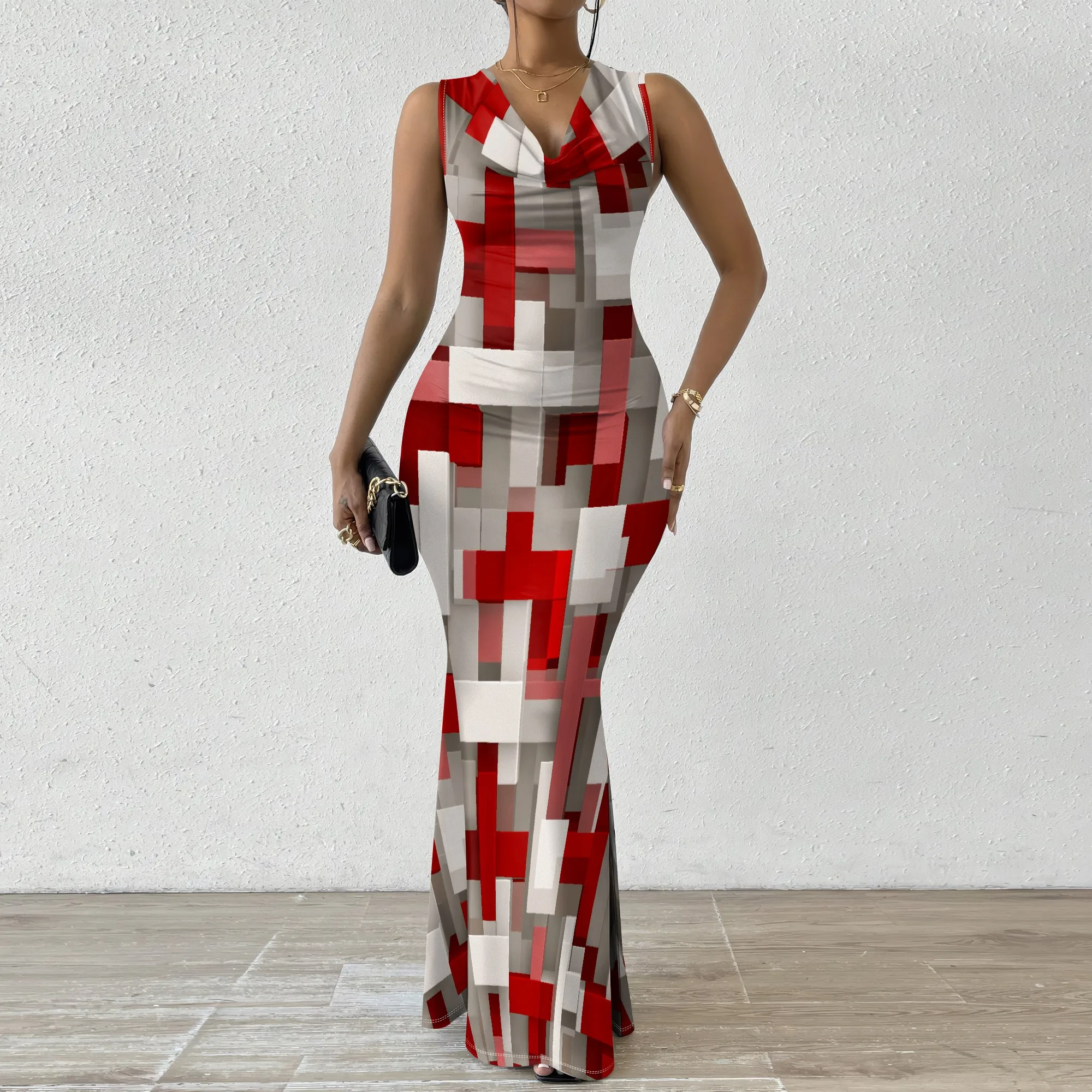 

Women's Bodycon Maxi Dress Red Geometric Print XS-2XL Sleeveless Cowl Neck Mermaid Evening Party Wedding Dress