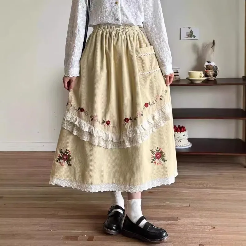 Embroidered Lace Patches Corduroy Skirt Autumn