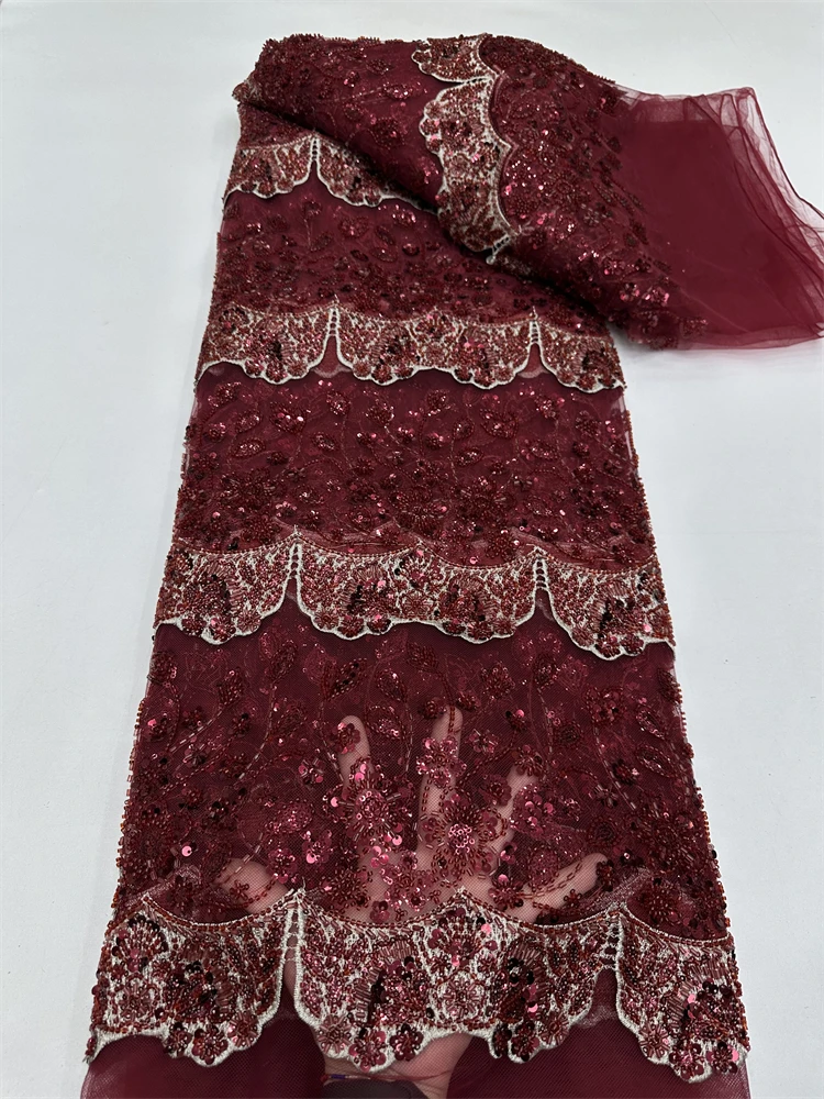 

Luxury Elegant Handmade Embroidery Sequins Beaded Lace High Quality African Sequins Lace Fabric for Wedding Sewing