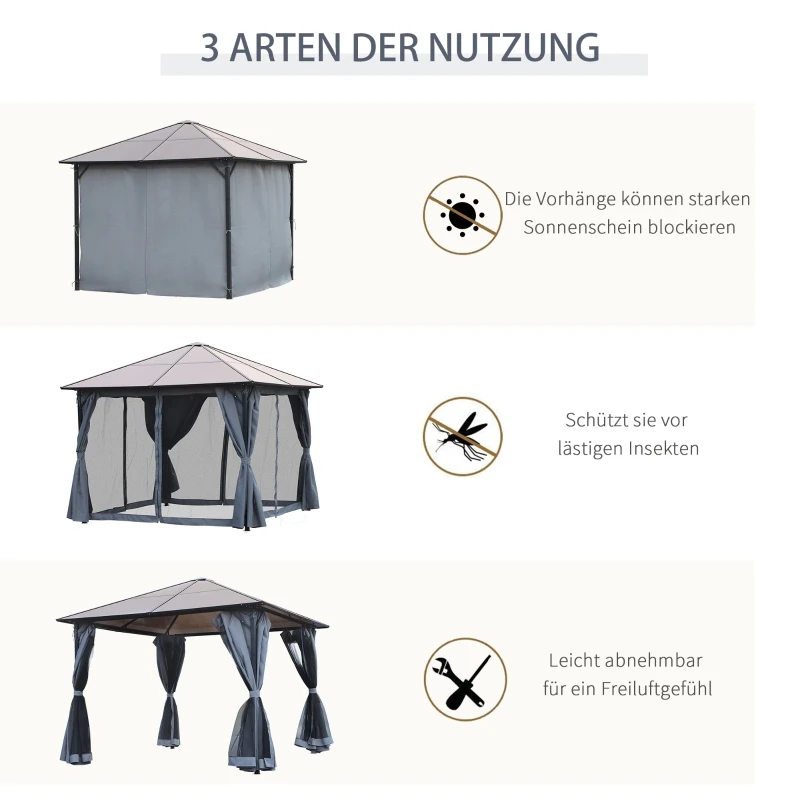 3x3m Pavillon mit Polycarbonat-Dach, Netzvorhängen, Aluminiumrahmen, Dunkelgrau – Detail 6