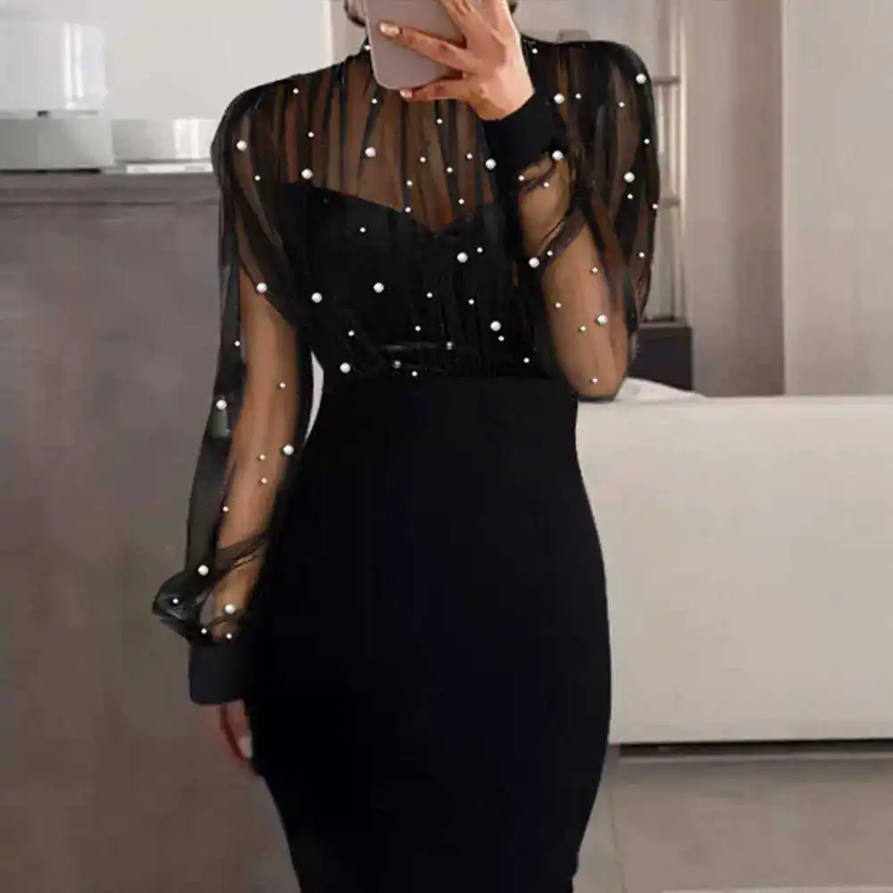 Ele Gentle Sle Long Sve Me เลื่อม Splice Bodycon Dr ผู้หญิงเซ็กซี่ Midi Dr ผ้าโพลีเอสเตอร์ All Seasons Wear