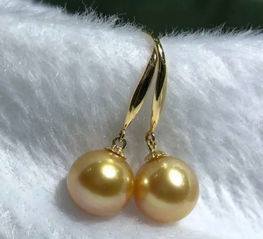 AAAAA gorgeous huge 9-10mm round South China Sea golden pearl earrings 14K gold