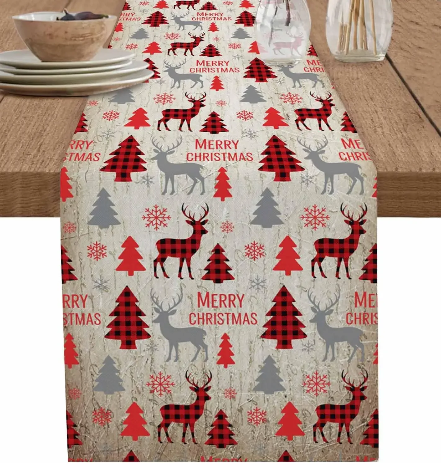 Christmas Red Plaid Tree Snowflake Elk Table Runner,Washable&Stain-Resistant, Dining&Coffee Table Atmosphere  Table Runner Decor