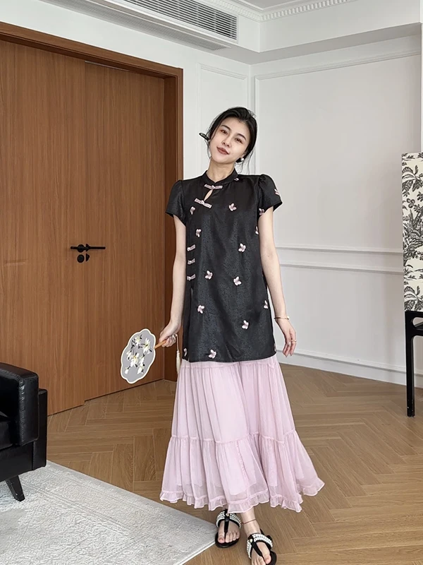 

Zhang a Xing Chinese Sle Long irt with Button Embroidery Me Skirt Ele Summer Faion Set for Women Stitch...