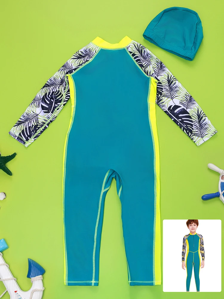 One-Piece Quick Drying Summer Boys Swimwear Children Swimsuits Kid Short Sleeve Sun Protection (including swimming caps)