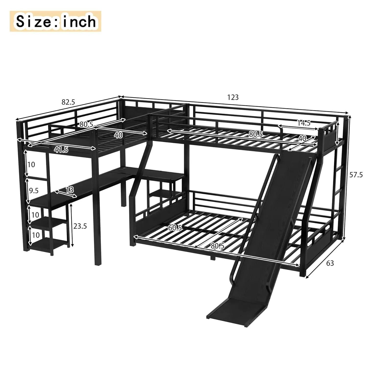 L-Shaped Metal Bunk Bed with Desk & Slide Twin XL Over Queen, Customized