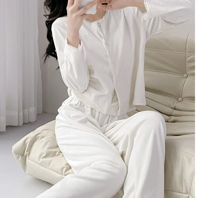 Warm Island Velvet Pajamas 3PCS Set 2024 Autumn Winter New Nightwear Home Clothes Lady Elegant Cami Top&pants Sexy Lace Trim Pjs