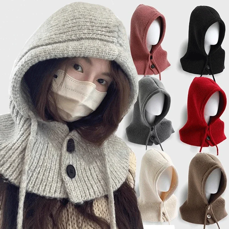 Solid Color Thick Winter Hats For Women Men Knitted Warm Hooded Beanie One Piece Scarf Cap Outdoor Ear Protection Balaclava Hat