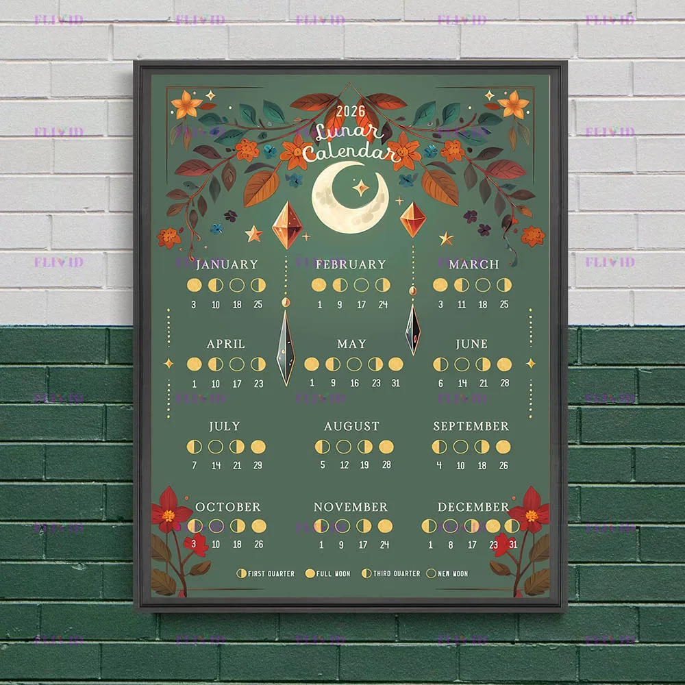 2026 Lunar Phase Calendar, Moon Magic Wall Art Canvas Painting,Moon Phases Witchcraft Art Poster And Print Home Decor Unframed