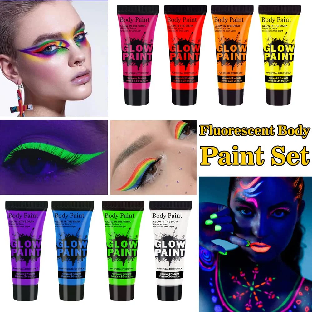 UV Neon Face Body Paint Glow in the Dark Makeup Set Fluorescent Painting for Adults Kids Festivals Party Halloween Christmas