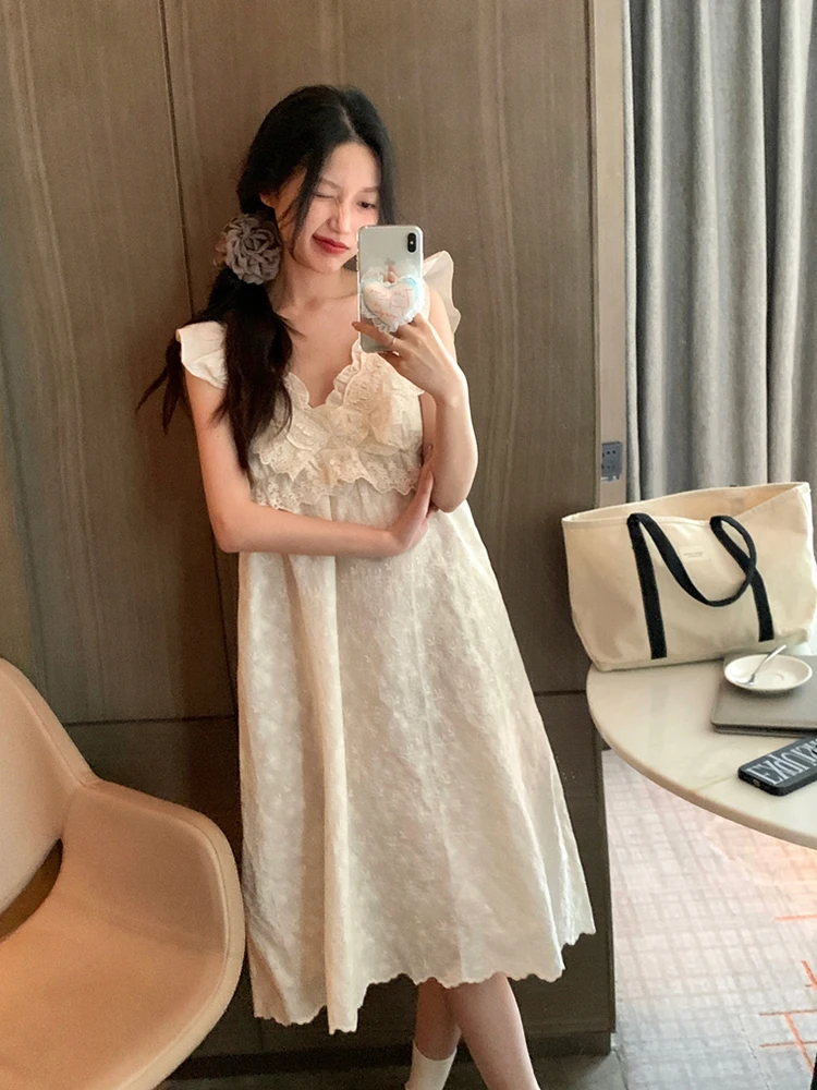 Vintage Court Style Women Pajamas Set V-neck Lace Nightdress Nightwear Summer Cotton Linen Chest Padded Sleepwear Set