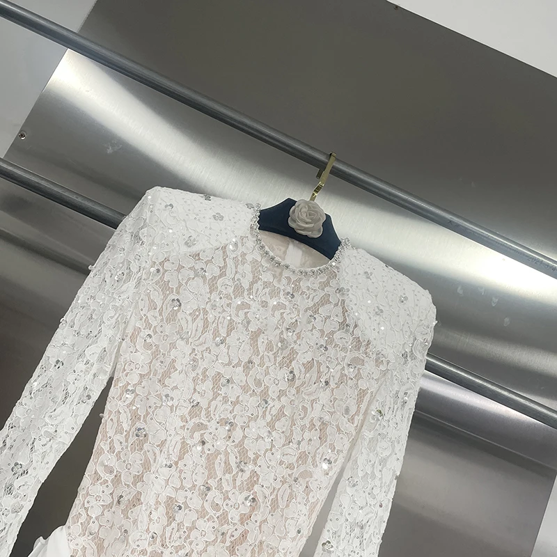 KBQ Spliced Folds Sexy Sheer Slimming Mini Dresses for Women Round Neck Long Sleeves Patchwork Sequins Dress Female Fashion New