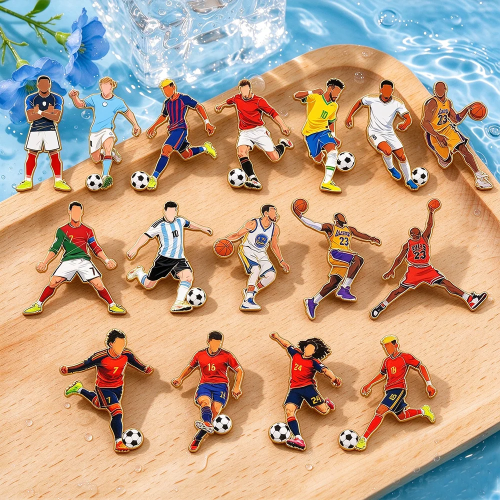 Random Football Player Star Enamel Pins, Soccer & Basketball Athlete Metal Lapel Brooch, Cartoon Sports Player Decor Badge