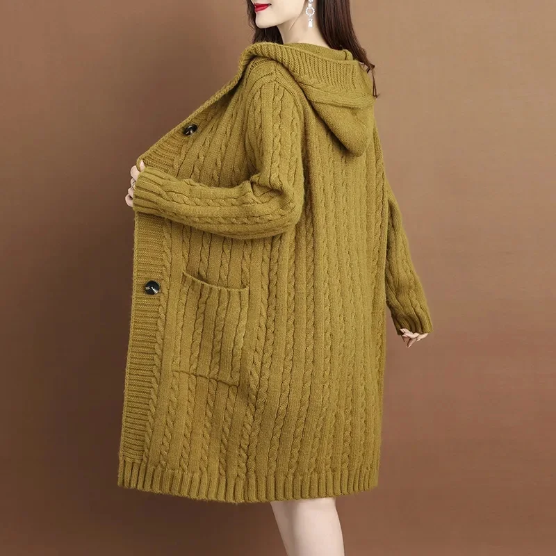 Autumn Winter Mom\'s New Woolen Coat Women\'s Long sleeved Cardigan Hooded Thickened Over Hip Loose Medium Length Sweater Yellow