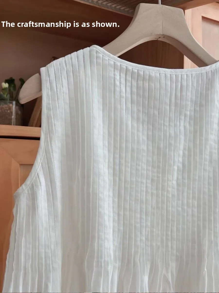 Korean White Cotton Linen Vest Shirt Women's Design Pressed Pleat round Neck Sleeveless Shoulder Pad Top Fashion Sun Protection