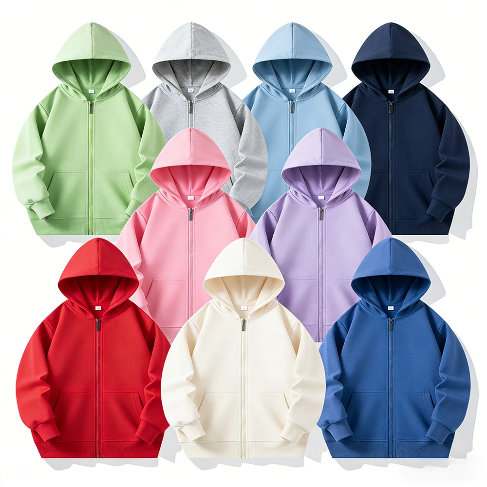 School Kids Zipper Hoodie Hooded Sweatshirt Jacket Children's Casual Outdoor Outfits Boys Girls Outerwear Sportswear 15 Colors