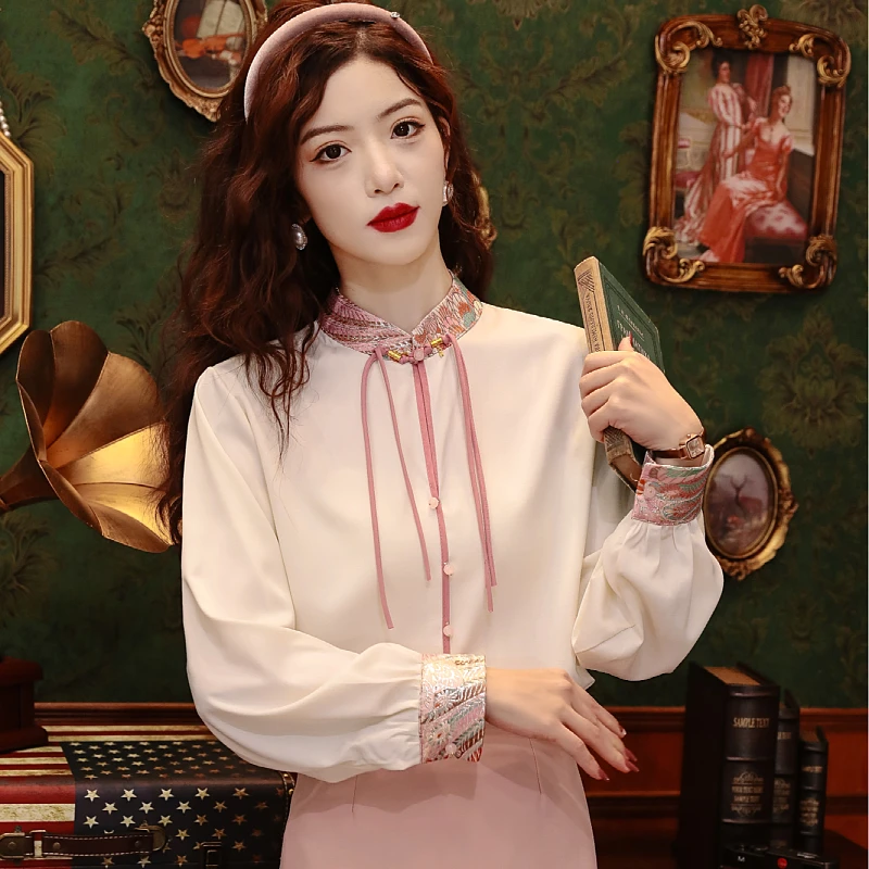 

Shirt Womens Tops Spring 2024 New Cute Long Sleeve Loose Embroidery Lantern Sleeve Stand Neck Tassel Women Shirts