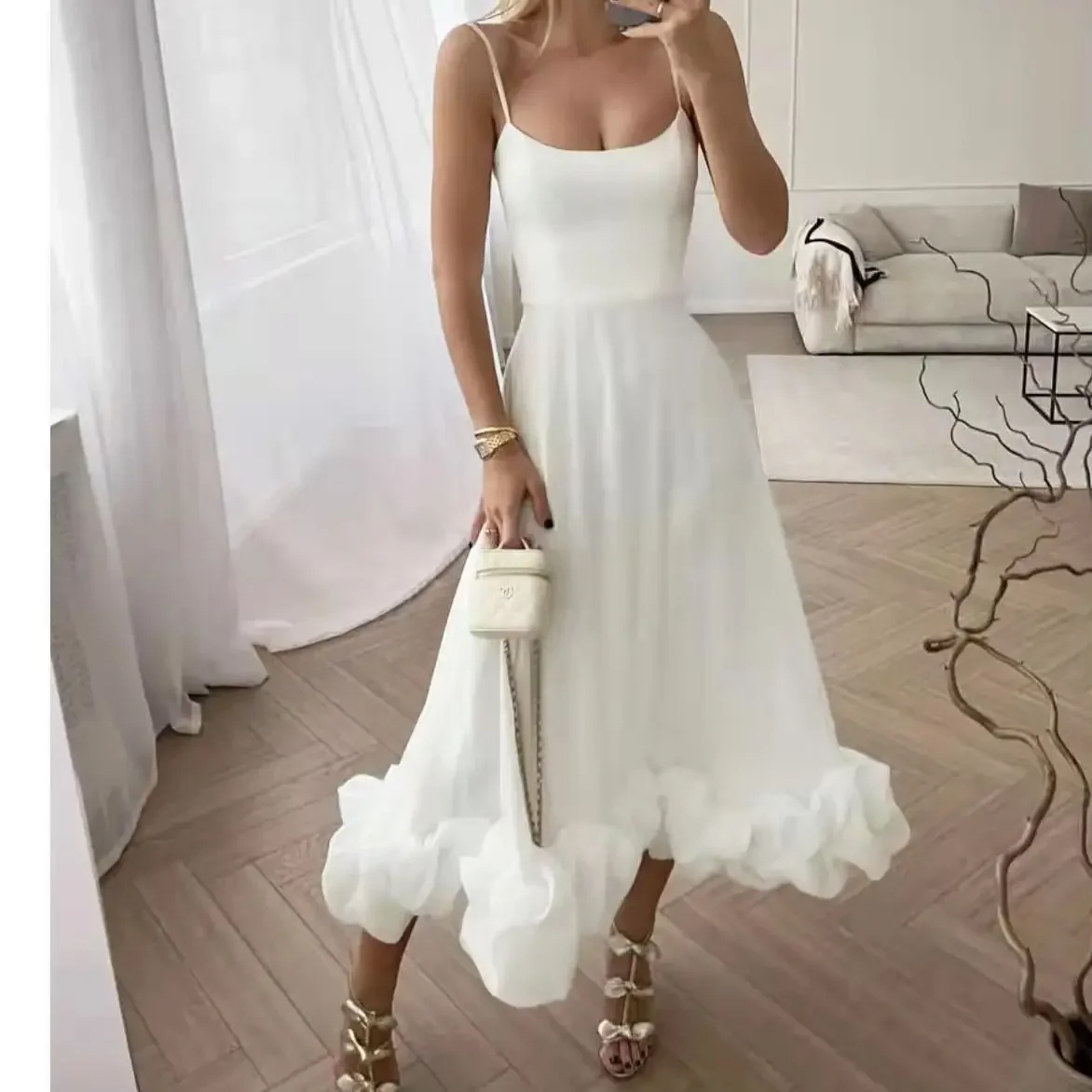 

Ladies Elegant Round Neck White A-line Sleeveless Backless Lace Evening Dress Attends Banquet Party Women's Celebration