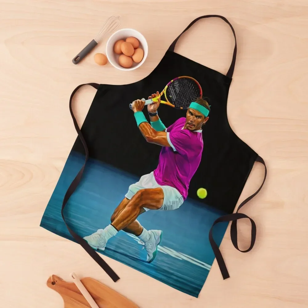 

Rafael Nadal of Spain plays backhand at Australian Open 2022. Digital artwork print wall poster. Tennis fan art gift. Vamo Apron