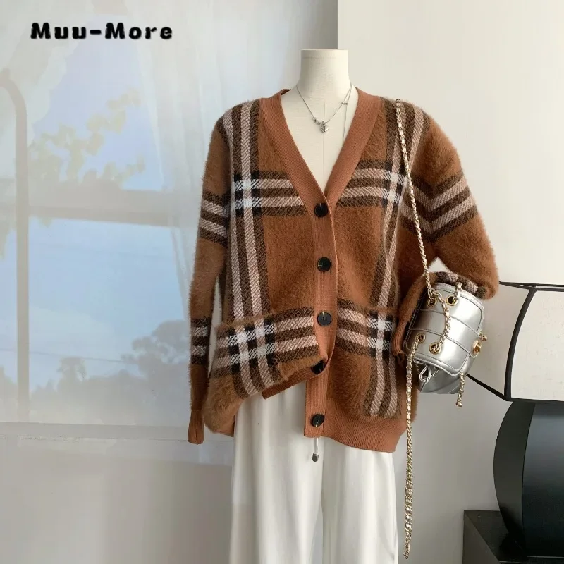 

Women Casual Vintage Plaid Knitting Long Sleeve V-neck Cardigans 2023 Winter Fashion Elegant Single Breasted Ladies Sweater