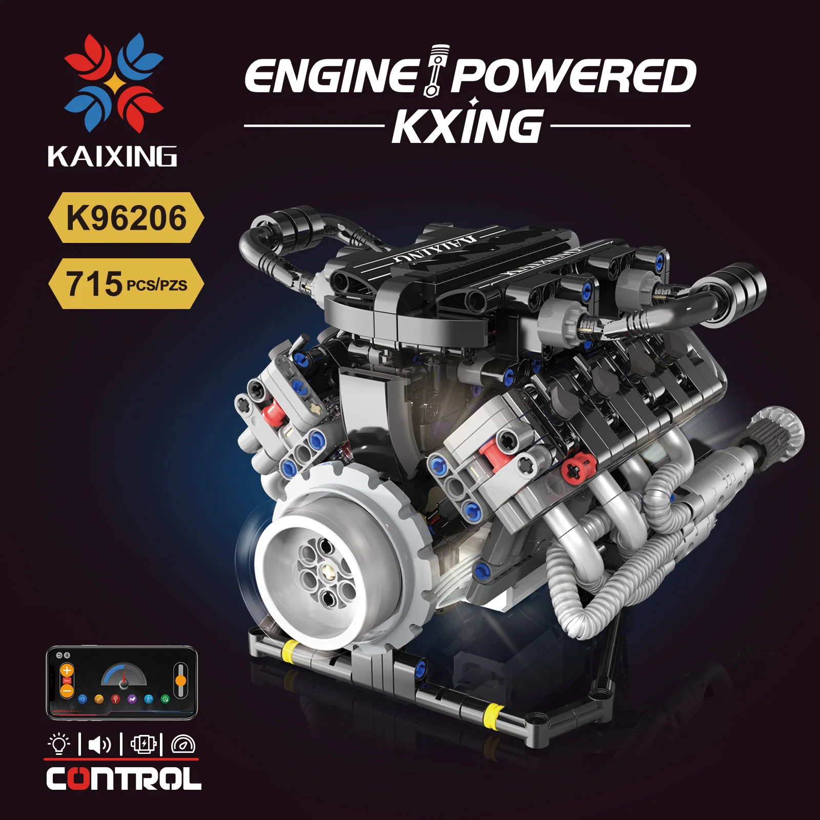 

715PCS Mechanical Engine Simulation V8 Engine APP Programming Lighting Creative Building Blocks Toy Collection Model Boy Gift