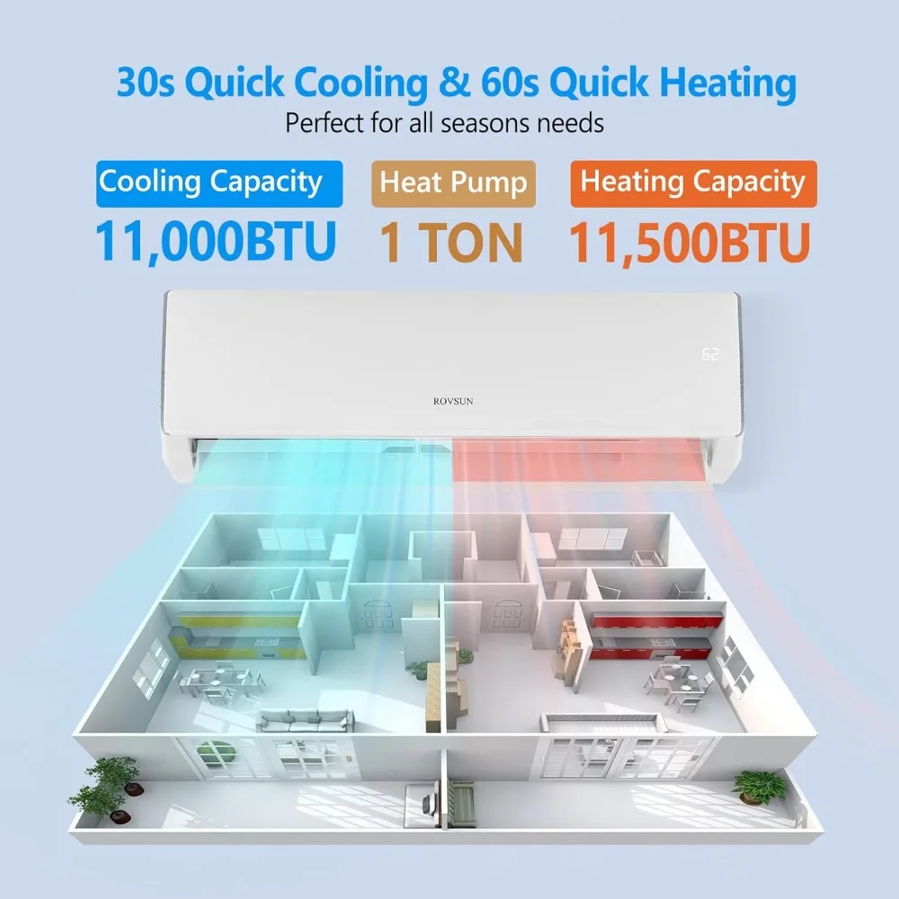 11000 BTU Wifi Enabled Mini Split Air Conditioner & Heater, Inverter Bezkanałowy moduł ścienny AC z wstępnie naładowanym skraplaczem, pompa ciepła