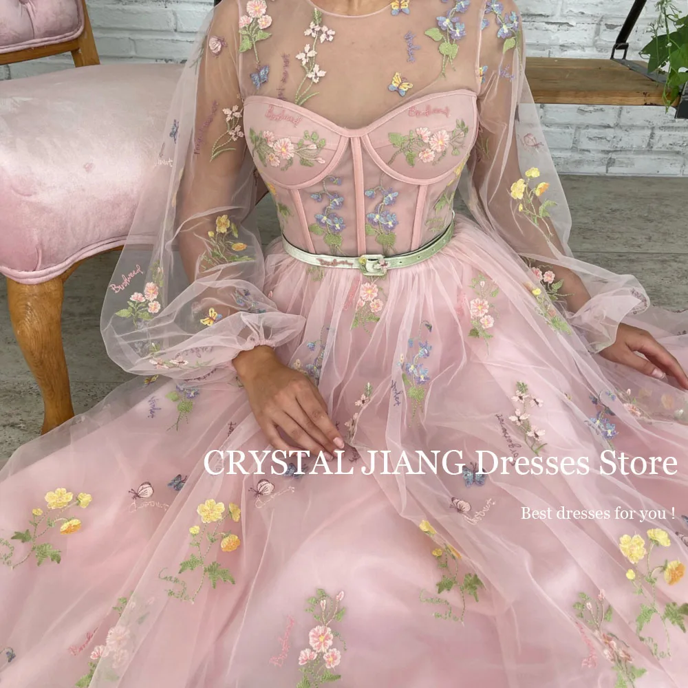 Customized Long Pink Prom Dresses O Neck Tulle Long Puffy Sleeves Lace Embroidery A Line Sweep Train فساتين للحفلات الراقصة