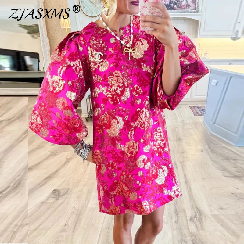 Trendy Woman Clothes 2025 Spring Elegant O Neck Flower Print Jacquard Dress Autumn 3/4 Puff Sleeved Straight Evening Dress Mujer