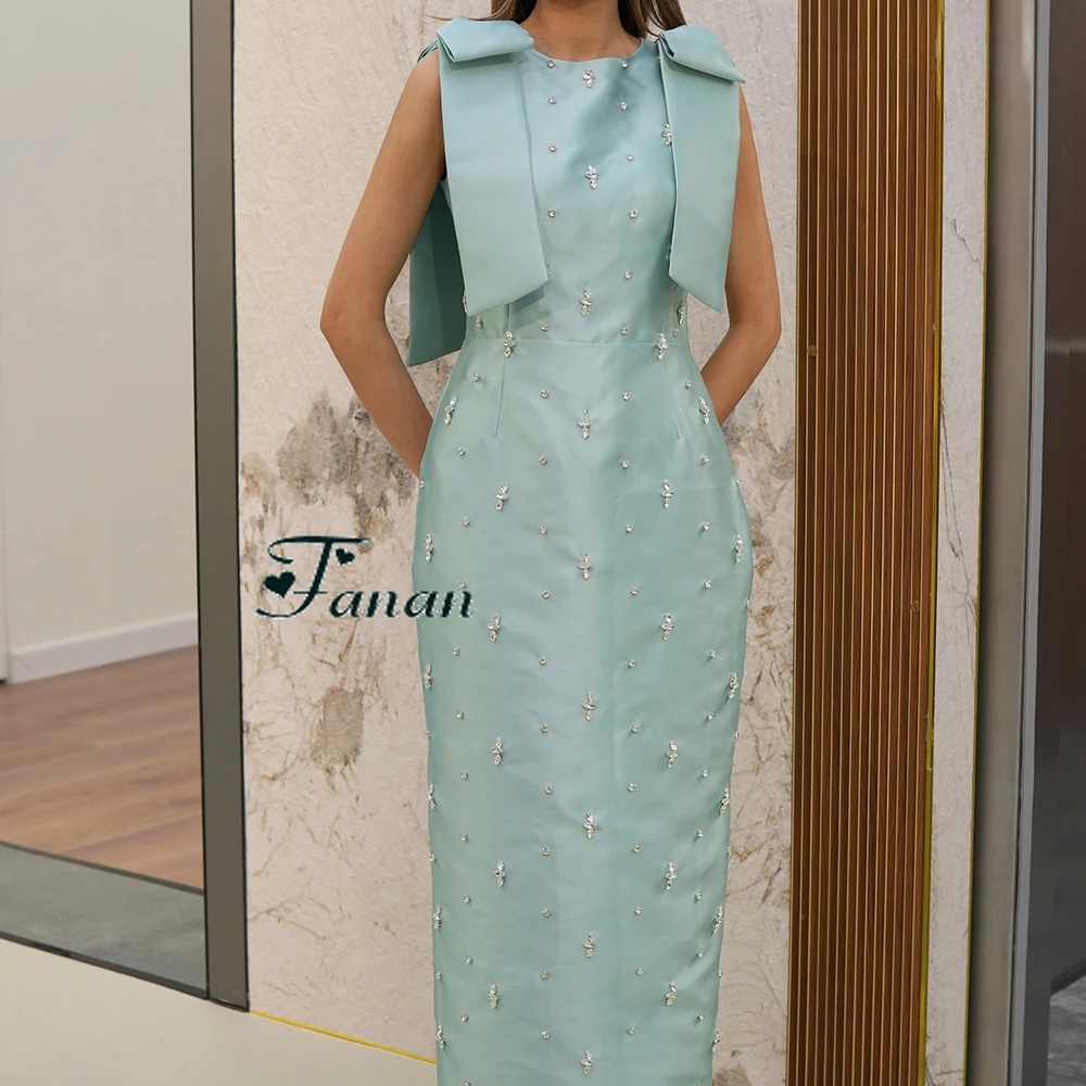 Vestido de noite de cetim reto, personalizado, gola redonda, com cristal, sem mangas, cor pura, laço grande, comprimento do tornozelo, vestido de baile