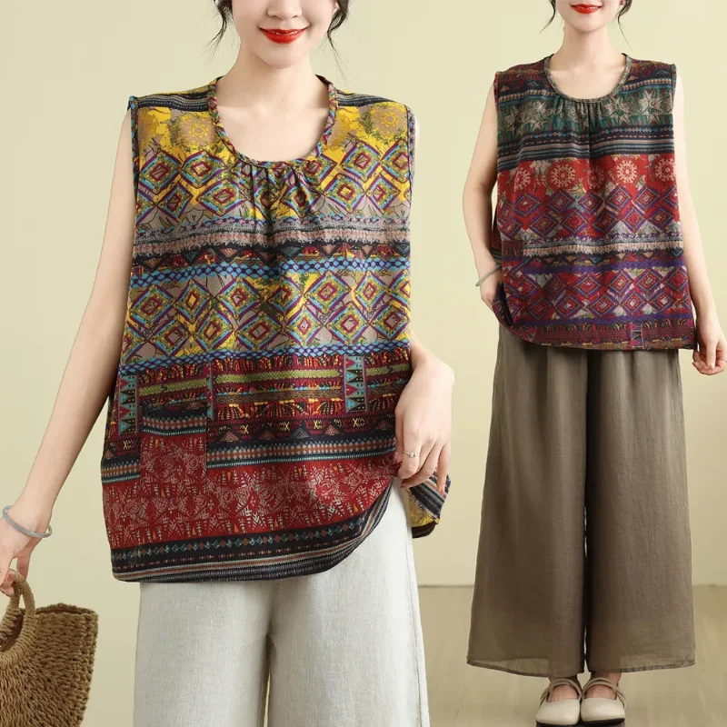 Mouwloze tanktop voor dames, etnisch patroon, losse, casual blouse met ronde hals