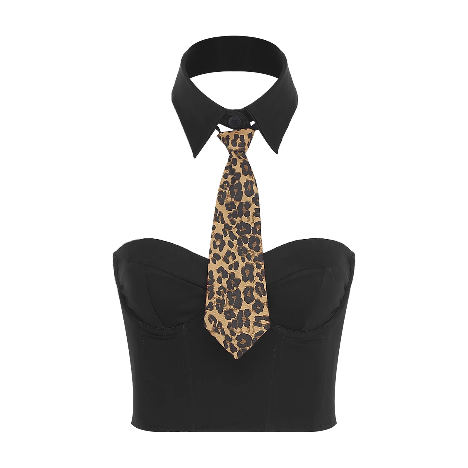 Womens Chic Bustiers Top with Collar And Leopard Necktie 3-piece Set Strapless Back Zip-up Push-up Vest for Club Music Festivals