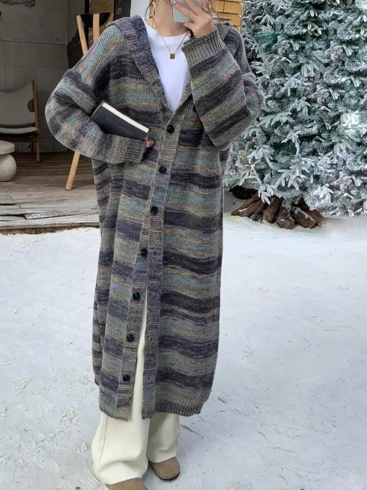 

Корейский ретро серый полосатый однобортный длинный свитер с капюшоном, женский зимний свободный вязаный кардиган большого размера, топы, повседневный тренд