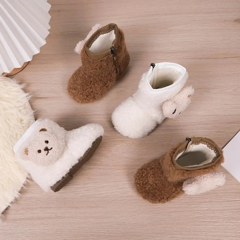 Luxury Thick Teddy Fur Boots Baby Girl Fluffy Warm Plush Booties Toddler Winter Brand Designer Round Toe Slip-on Cotton Shoes