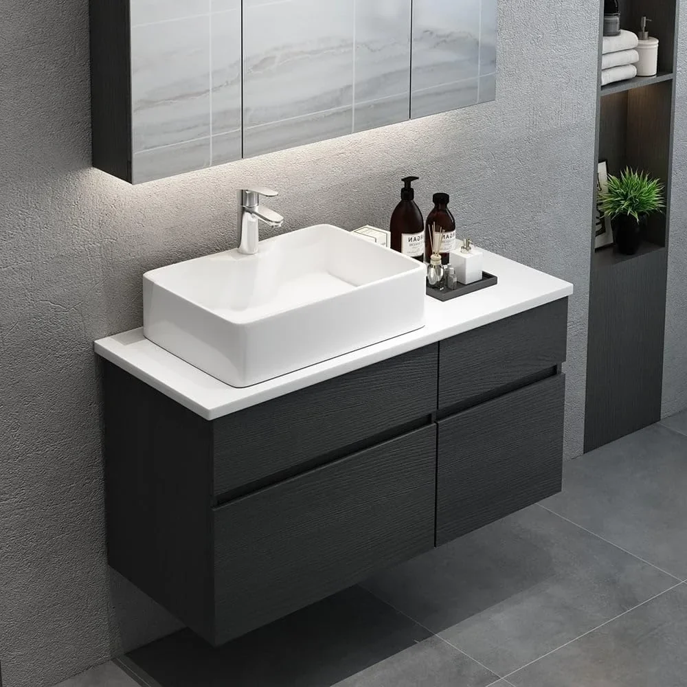 

31'' Bathroom Vanity Floating Bathroom Sink Cabinet with Ceramic Vessel Sink Black & White Wall Mounted Floating Vanity