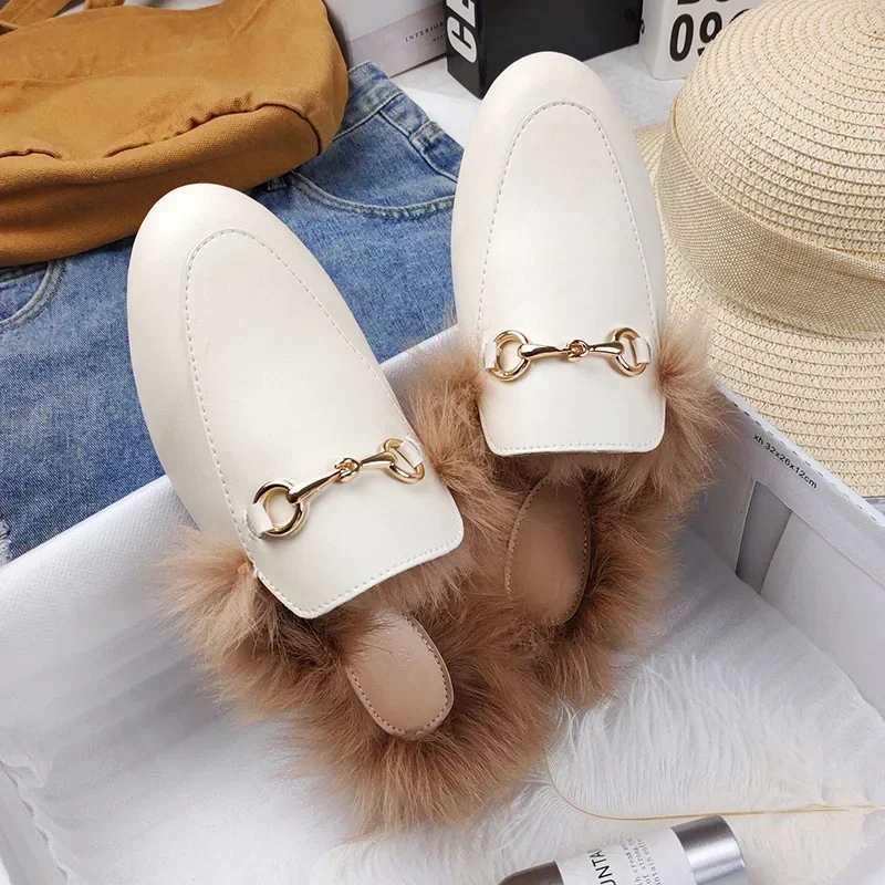 Winter Women Mueller Shoes Lady Imitation Rabbit Fur Slippers Outdoor Lazy Slippers with Flat Bottom Toe-covered Half Slippers