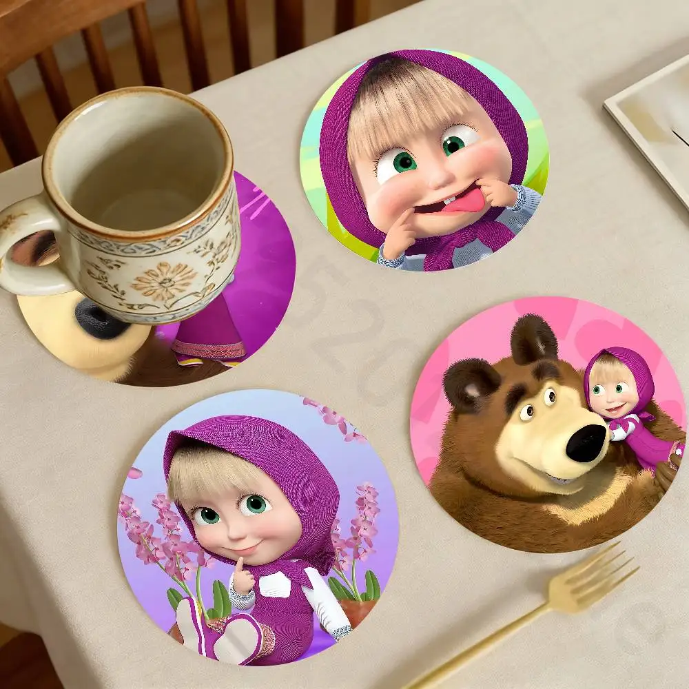 

M-Masha And B-Bears Wooden Coaster Set Coffee Teacup Decoration Coffee Shop Beverage Shop Family Restaurant