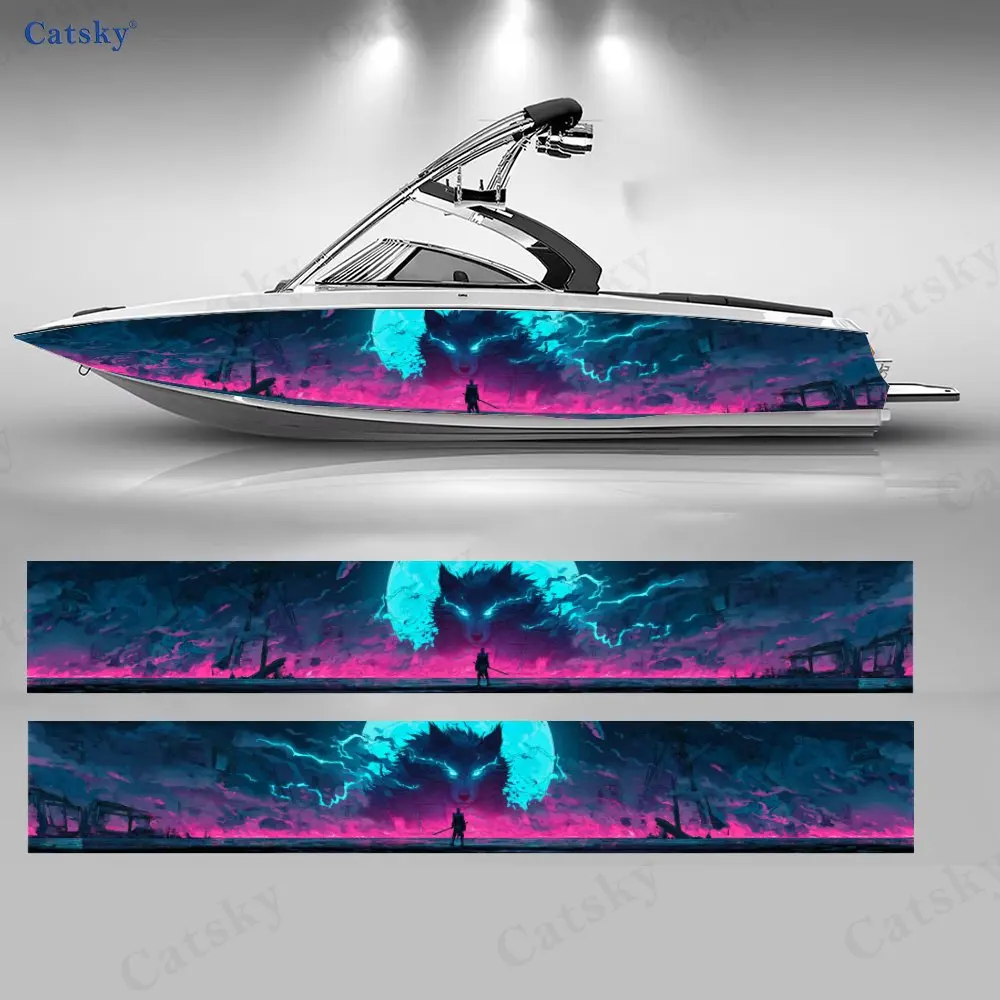 Demon Wolf Purple Mist Ruins Boat Sticker, PVC Waterproof Durable Vinyl Wrap Decals for Fishing Boat, Durable and Stylish Design