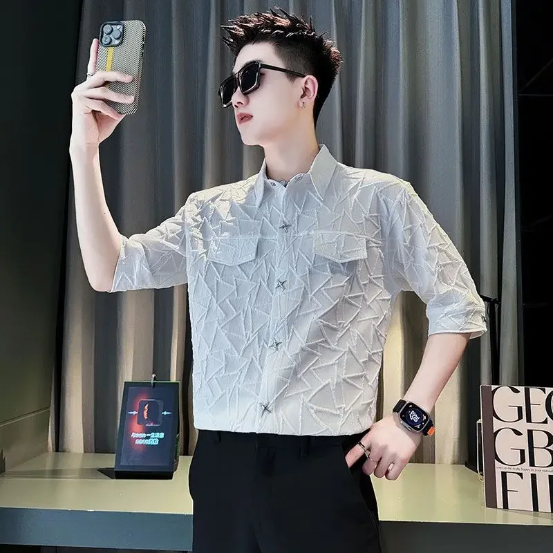 Male Shirts Half Sleeve White Plain Fashion 2025 Original Sale Cotton Casual Normal Man Elegant Tops Designer New in Men's Shirt