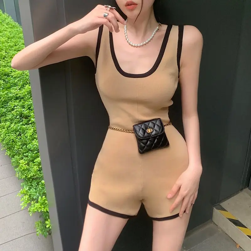 Backless Gentle Lady Knitwear Women Solid Rompers Bodycon Color Contrast Slim Korean Sexy Playsuit Summer Bodysuits Sleeveless