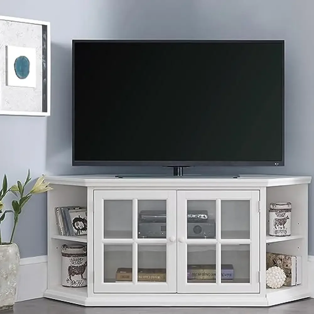 For Corner TV Stand with Adjustable Shelves & Beveled Glass Cottage White 60-inch TV Easy Assembly 108 lbs.