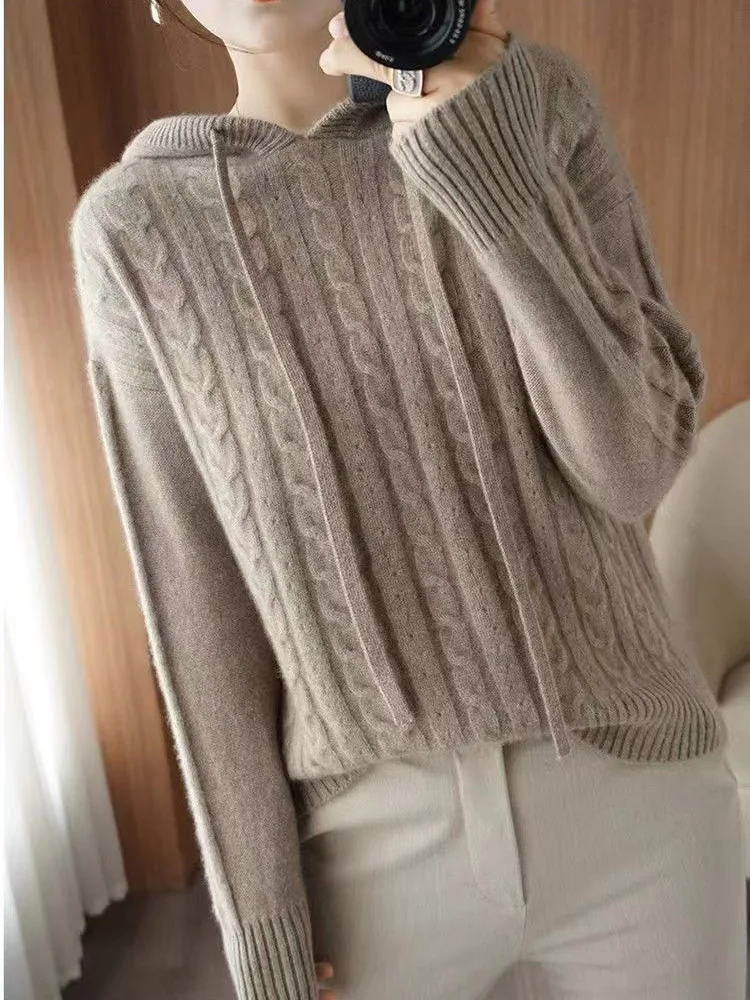 

Women Hooded Knitted Wool Sweater Pullover Jumprt Female Warm Sweater Long Sleeve Tops Korean Casual Jacket Coat Twist sweater