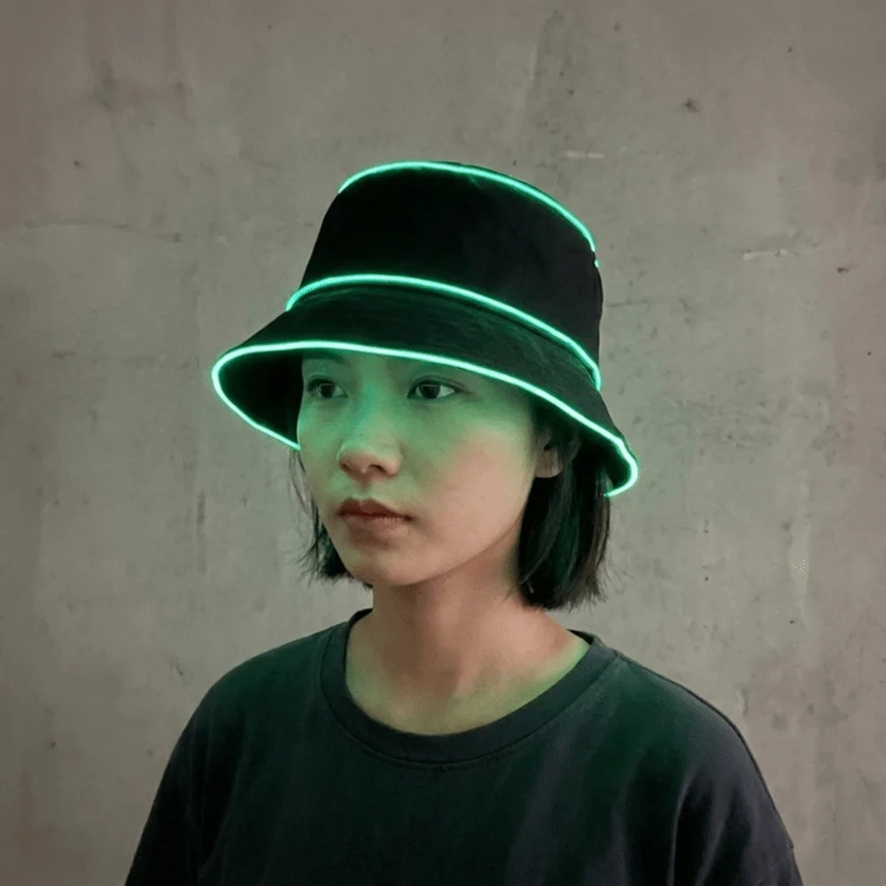 Battery Powered LED Bucket Hat Flashing Modes Solid Color Luminous Hat Korean Style Grow in Dark Flashing Glow Hat Cosplay
