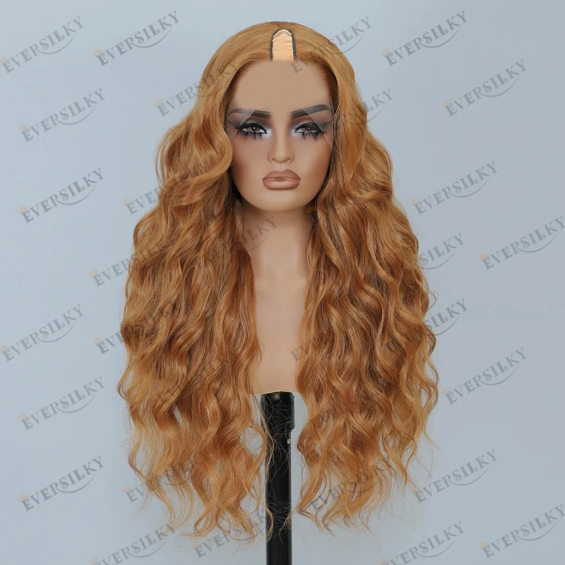 شعر بشري مموج أشقر برتقالي بدون صمغ، شعر بشري رخيص الثمن مصنوع آليًا على شكل حرف U للنساء ذوات البشرة السمراء، شعر مستعار بجزء على شكل حرف V قابل للتعديل #1