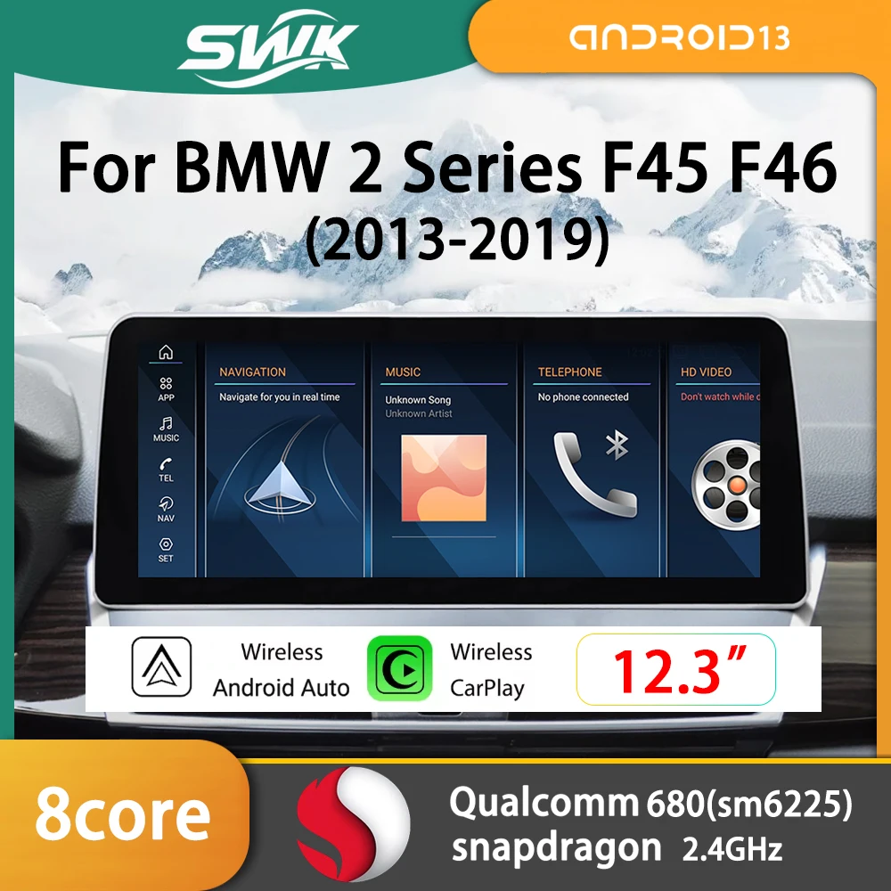 Для BMW 2 серии F45 F46 Автомобильный Qualcomm 680 Snapdragon 6225 8 ГБ 256 ГБ 12,3 дюйма ID6 ID7 ID8 Android 13 CarPlay АВТО экран